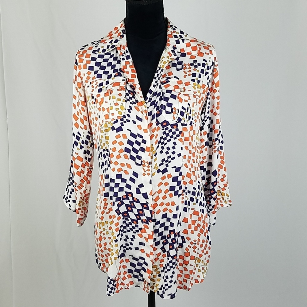 Cabi #404 women S Grand Prix geometric print blouse‎ button down 3/4 tab sleeve
